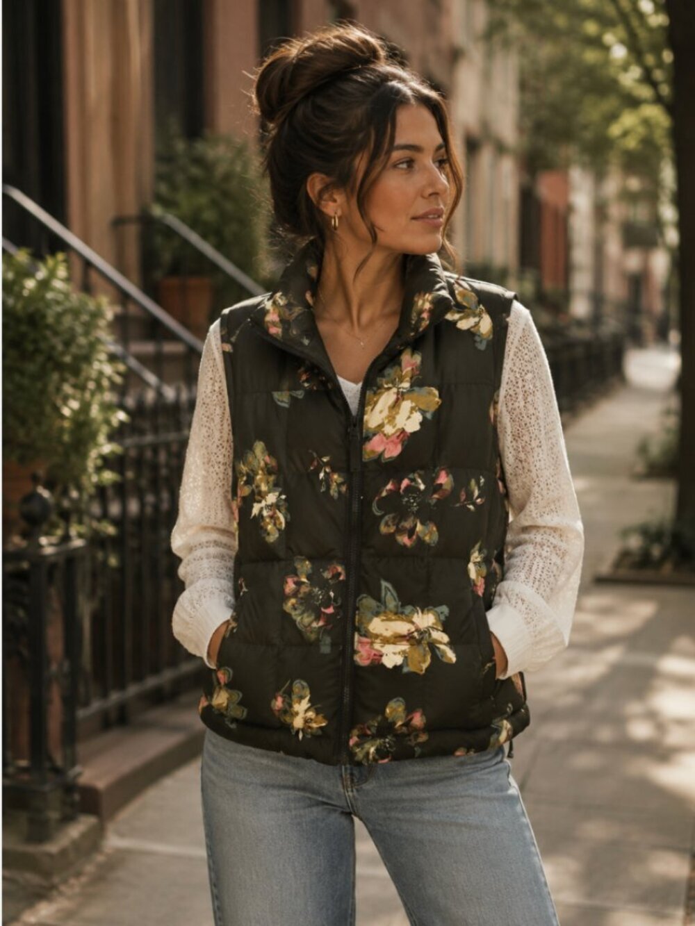Lands' End Olive Green Floral Quilted Puffer Vest Size S English Cottagecore